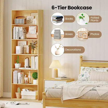 70in Tall 6-Tier Open Bookcase with Anti-Toppling Kits, Rustic Brown & Black