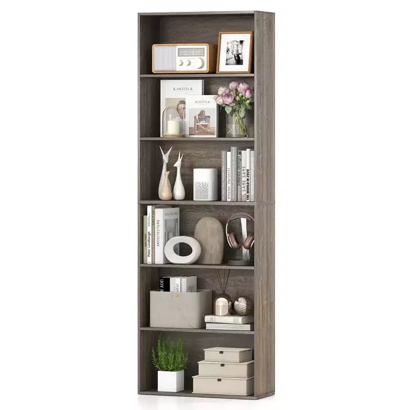 70in Tall 6-Tier Open Bookcase with Anti-Toppling Kits, Rustic Brown & Black
