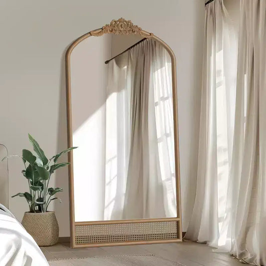Solid Wood Carved Flower Vine Straight Angle Micro Block Brown Full-length Mirror 180x93x4cm (Without Bracket)