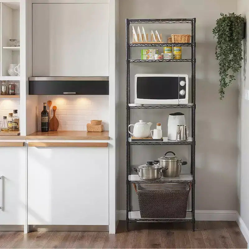 7-Tier Wire Shelving Unit with Adjustable Shelves, Liners & 8 Hooks, Black, 23.2x70.9in