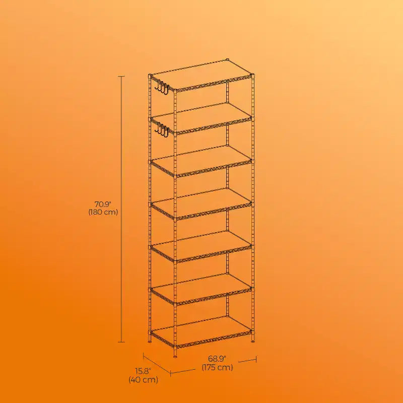 7-Tier Wire Shelving Unit with Adjustable Shelves, Liners & 8 Hooks, Black, 23.2x70.9in