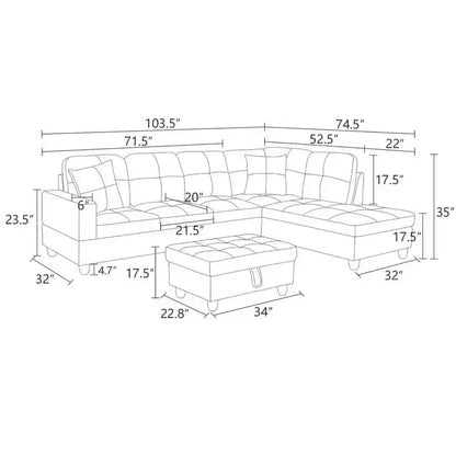Light Grey Semi-PU Leather Sectional Sofa - Modern L-Shaped Design, Tufted Cushions, Decorative Pillows, Storage Ottoman
