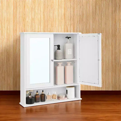 LEDREM Wall-Mounted Bathroom Cabinet, White Wall Cabinet featuring 2 Mirrored Doors, Adjustable Shelf, Open Compartment, 5.9 x 25.6 x 29.5 Inches