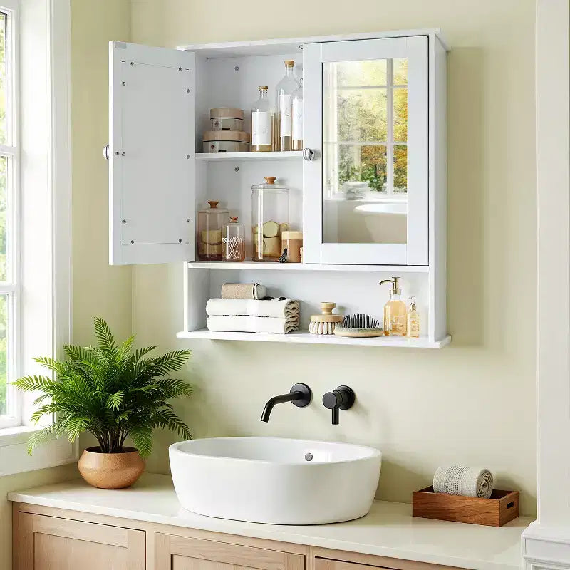 Wall-Mounted Bathroom Cabinet with 2 Mirrored Doors & Adjustable Shelf, White, 25.6x29.5in