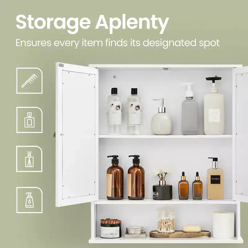 Wall-Mounted Bathroom Cabinet with 2 Mirrored Doors & Adjustable Shelf, White, 25.6x29.5in