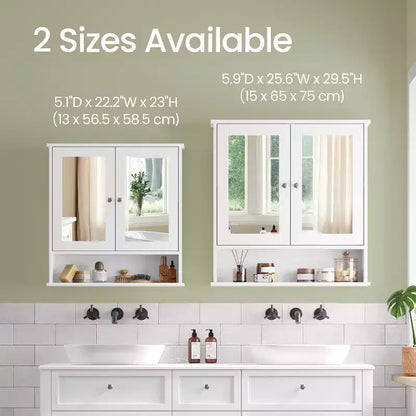 Wall-Mounted Bathroom Cabinet with 2 Mirrored Doors & Adjustable Shelf, White, 25.6x29.5in
