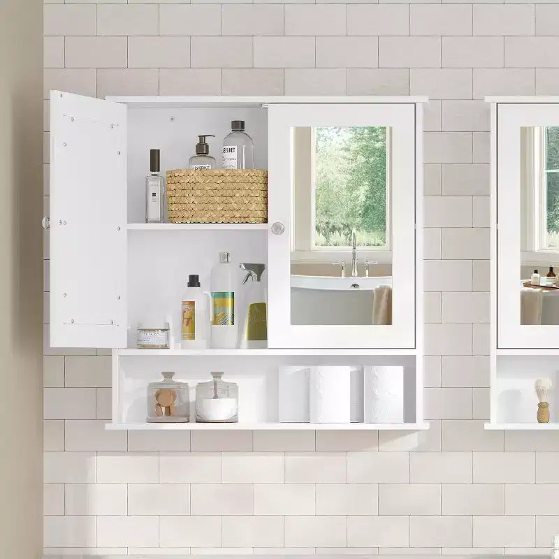 Wall-Mounted Bathroom Cabinet with 2 Mirrored Doors & Adjustable Shelf, White, 25.6x29.5in