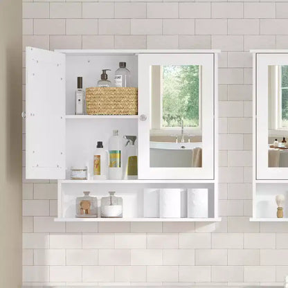 Wall-Mounted Bathroom Cabinet with 2 Mirrored Doors & Adjustable Shelf, White, 25.6x29.5in