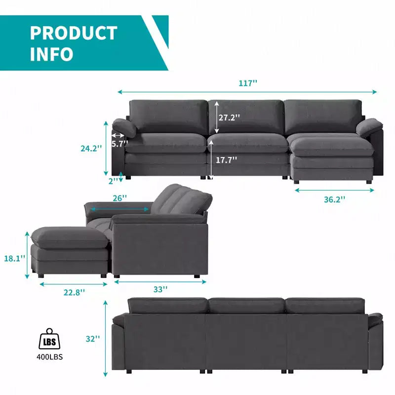 117in L-Shape Sectional Sofa with Movable Storage Ottoman, Cloud Couch, 3-Seat