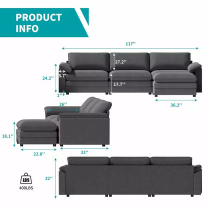 117in L-Shape Sectional Sofa with Movable Storage Ottoman, Cloud Couch, 3-Seat