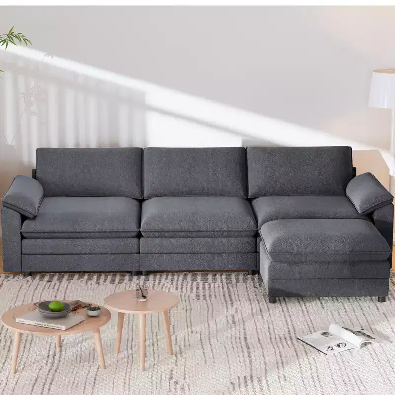 117in L-Shape Sectional Sofa with Movable Storage Ottoman, Cloud Couch, 3-Seat