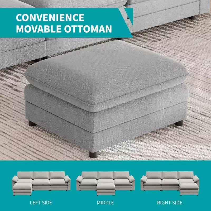117in L-Shape Sectional Sofa with Movable Storage Ottoman, Cloud Couch, 3-Seat