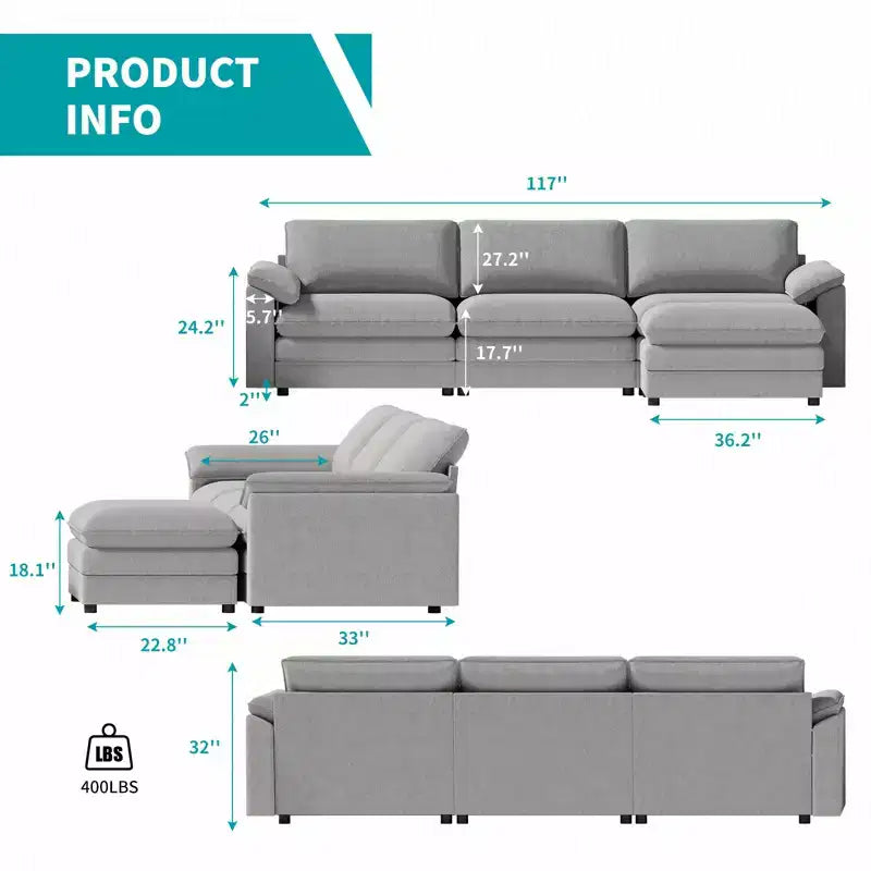 117in L-Shape Sectional Sofa with Movable Storage Ottoman, Cloud Couch, 3-Seat