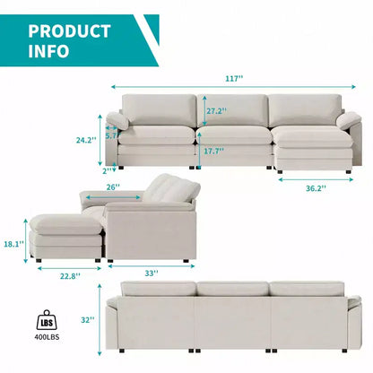 117in L-Shape Sectional Sofa with Movable Storage Ottoman, Cloud Couch, 3-Seat