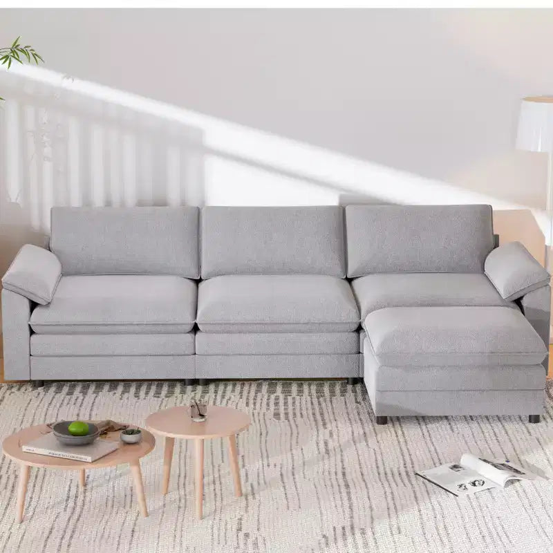 117in L-Shape Sectional Sofa with Movable Storage Ottoman, Cloud Couch, 3-Seat