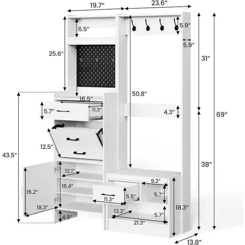 7-in-1 Entryway Hall Tree with Hidden Shoe Storage, Coat Rack, Pegboard & Bench