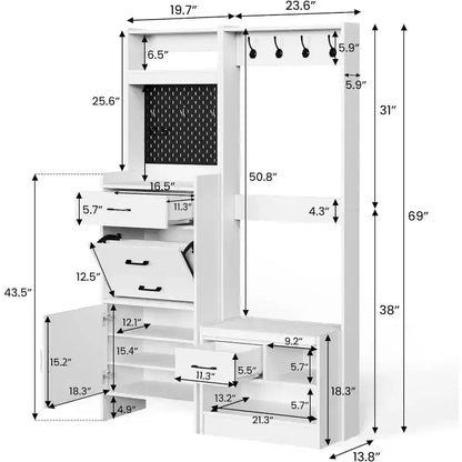 7-in-1 Entryway Hall Tree with Hidden Shoe Storage, Coat Rack, Pegboard & Bench
