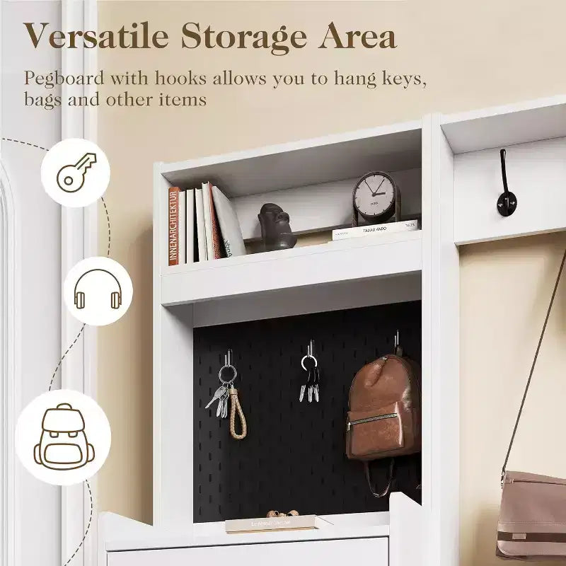 7-in-1 Entryway Hall Tree with Hidden Shoe Storage, Coat Rack, Pegboard & Bench