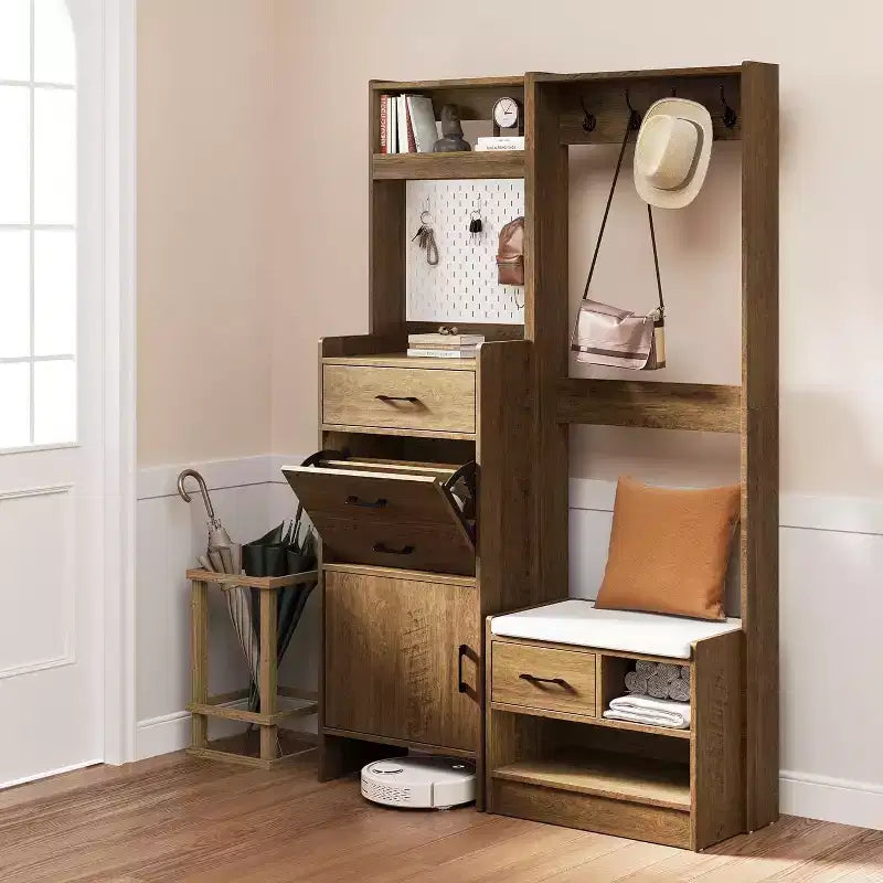 7-in-1 Entryway Hall Tree with Hidden Shoe Storage, Coat Rack, Pegboard & Bench