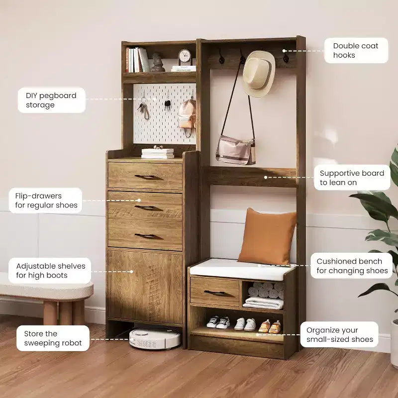 7-in-1 Entryway Hall Tree with Hidden Shoe Storage, Coat Rack, Pegboard & Bench