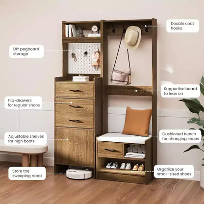 7-in-1 Entryway Hall Tree with Hidden Shoe Storage, Coat Rack, Pegboard & Bench
