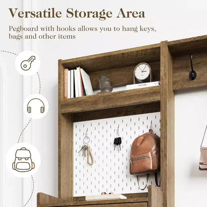 7-in-1 Entryway Hall Tree with Hidden Shoe Storage, Coat Rack, Pegboard & Bench