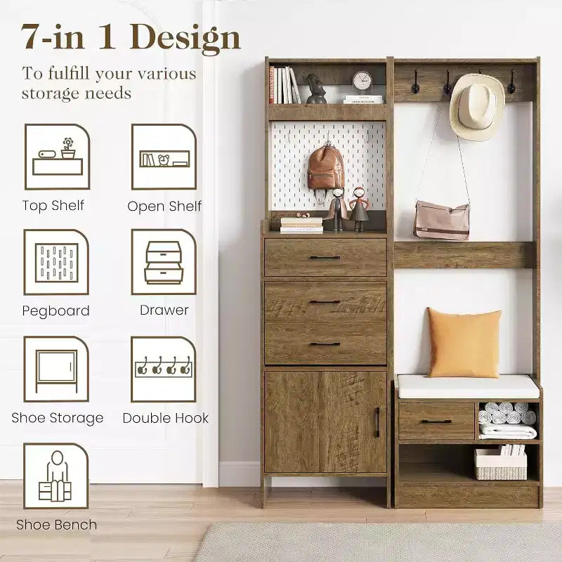7-in-1 Entryway Hall Tree with Hidden Shoe Storage, Coat Rack, Pegboard & Bench