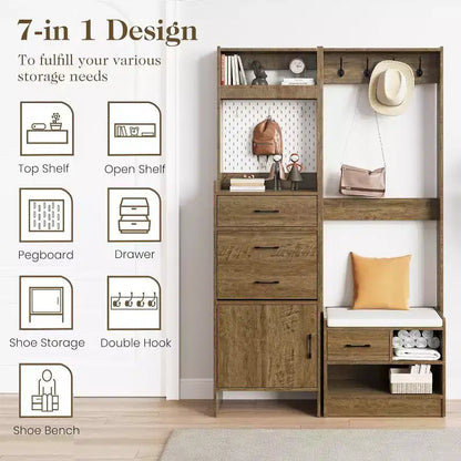 7-in-1 Entryway Hall Tree with Hidden Shoe Storage, Coat Rack, Pegboard & Bench