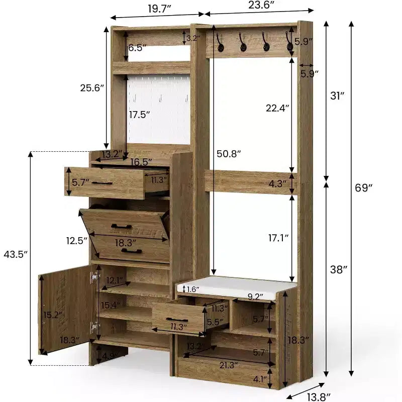 7-in-1 Entryway Hall Tree with Hidden Shoe Storage, Coat Rack, Pegboard & Bench