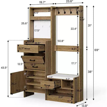 7-in-1 Entryway Hall Tree with Hidden Shoe Storage, Coat Rack, Pegboard & Bench