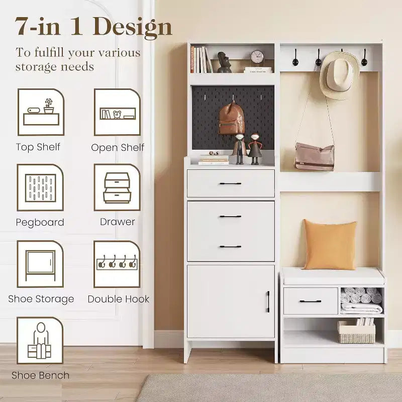 7-in-1 Entryway Hall Tree with Hidden Shoe Storage, Coat Rack, Pegboard & Bench