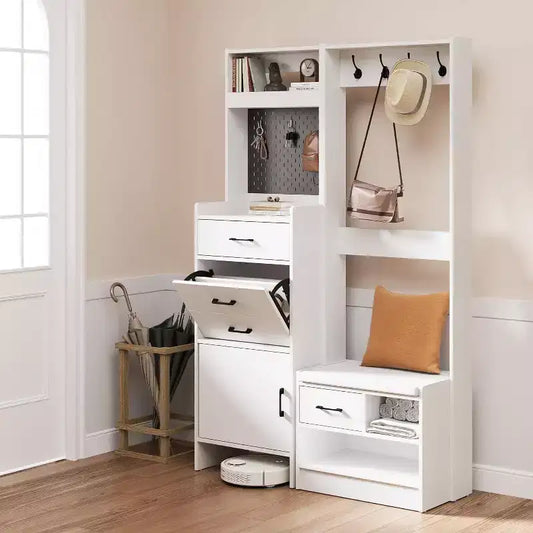 Heynemo 7-in-1 Hall Tree with Hidden Shoe Storage, Entryway Bench with Coat Rack and Pegboard, Coat Rack with Bench Mudroom Storage