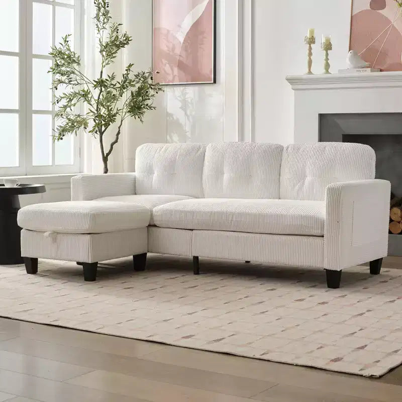 76in Convertible L-Shaped Sectional Sofa with Storage Ottoman, Corduroy, 3-Seater