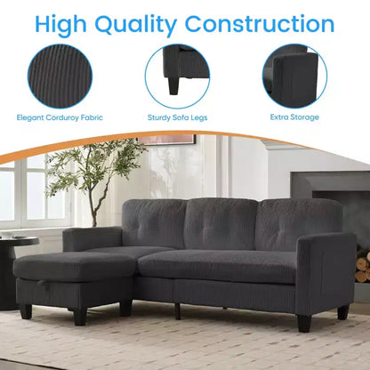 76in Convertible L-Shaped Sectional Sofa with Storage Ottoman, Corduroy, 3-Seater