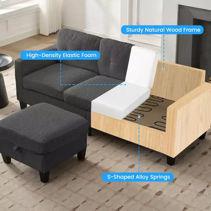 76in Convertible L-Shaped Sectional Sofa with Storage Ottoman, Corduroy, 3-Seater