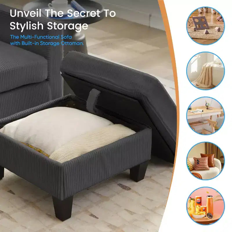 76in Convertible L-Shaped Sectional Sofa with Storage Ottoman, Corduroy, 3-Seater