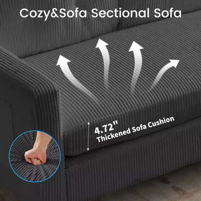 76in Convertible L-Shaped Sectional Sofa with Storage Ottoman, Corduroy, 3-Seater