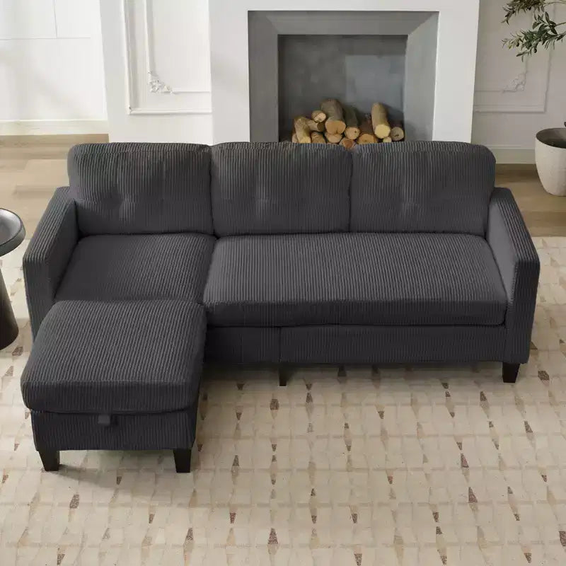 76in Convertible L-Shaped Sectional Sofa with Storage Ottoman, Corduroy, 3-Seater