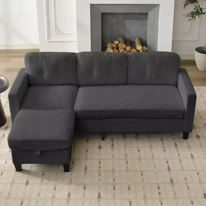 76in Convertible L-Shaped Sectional Sofa with Storage Ottoman, Corduroy, 3-Seater