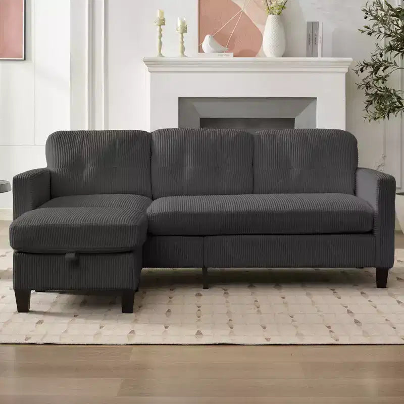 76in Convertible L-Shaped Sectional Sofa with Storage Ottoman, Corduroy, 3-Seater