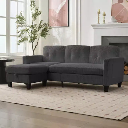 76in Convertible L-Shaped Sectional Sofa with Storage Ottoman, Corduroy, 3-Seater