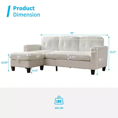 76in Convertible L-Shaped Sectional Sofa with Storage Ottoman, Corduroy, 3-Seater