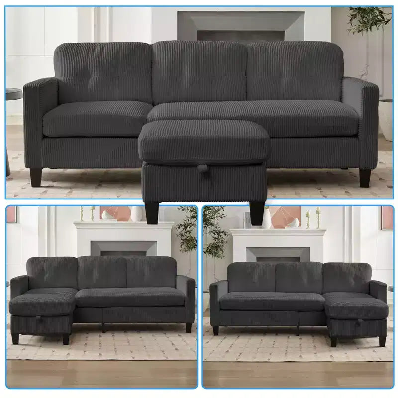 76in Convertible L-Shaped Sectional Sofa with Storage Ottoman, Corduroy, 3-Seater