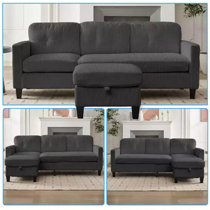 76in Convertible L-Shaped Sectional Sofa with Storage Ottoman, Corduroy, 3-Seater
