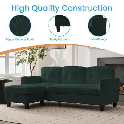 76in Convertible L-Shaped Sectional Sofa with Storage Ottoman, Corduroy, 3-Seater
