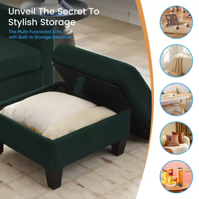 76in Convertible L-Shaped Sectional Sofa with Storage Ottoman, Corduroy, 3-Seater