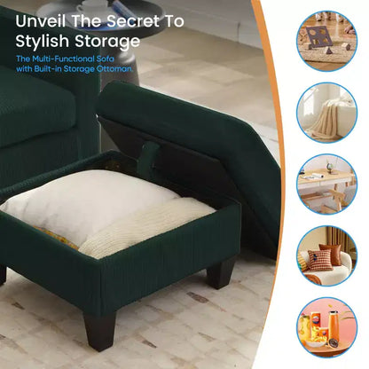 76in Convertible L-Shaped Sectional Sofa with Storage Ottoman, Corduroy, 3-Seater