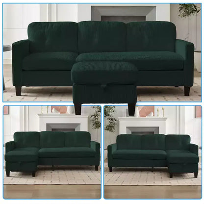 76in Convertible L-Shaped Sectional Sofa with Storage Ottoman, Corduroy, 3-Seater