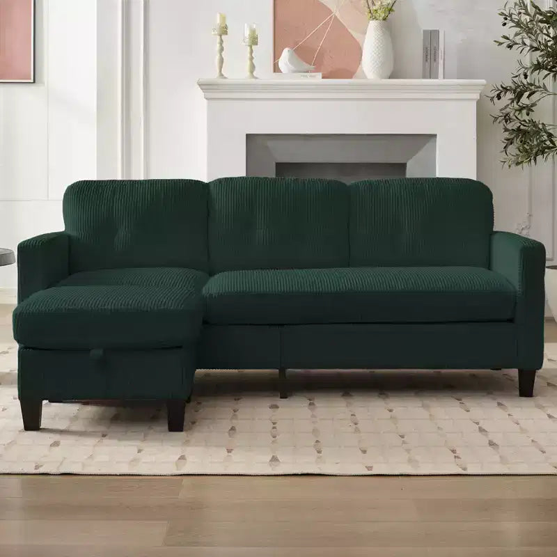 76in Convertible L-Shaped Sectional Sofa with Storage Ottoman, Corduroy, 3-Seater