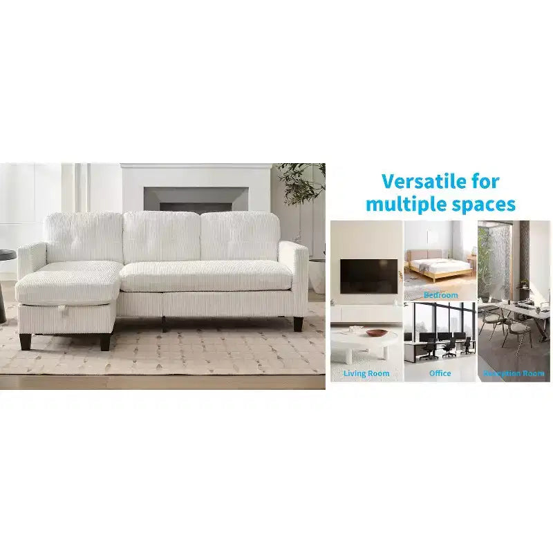 76in Convertible L-Shaped Sectional Sofa with Storage Ottoman, Corduroy, 3-Seater